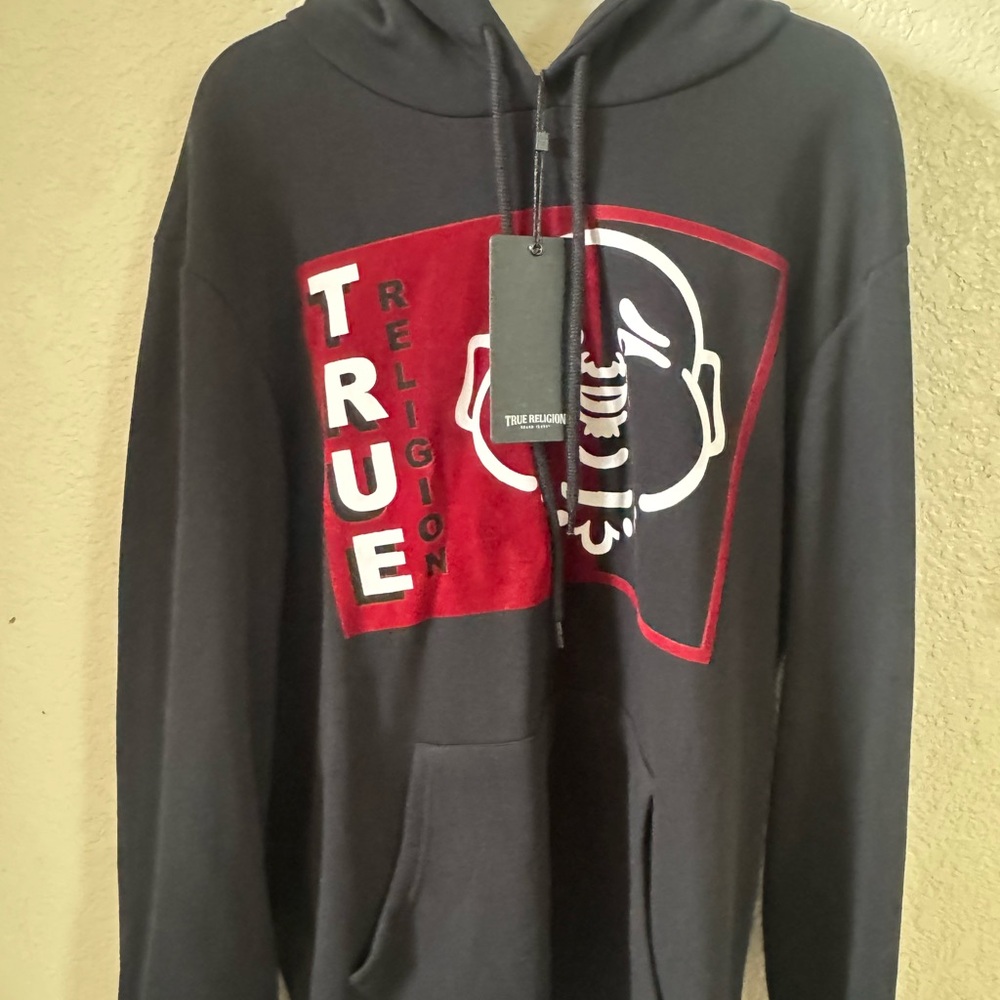 True Religion Men's Black Hoodie with Red Accents